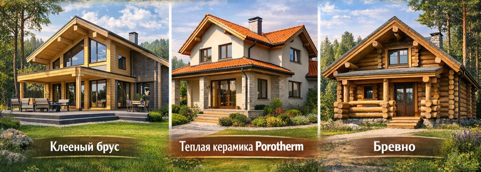 Материалы для дома клееный брус, теплая керамика и бревно